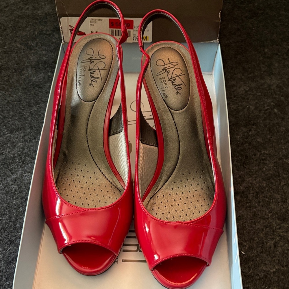 Life Stride Red Peep Toe Slingback Heels